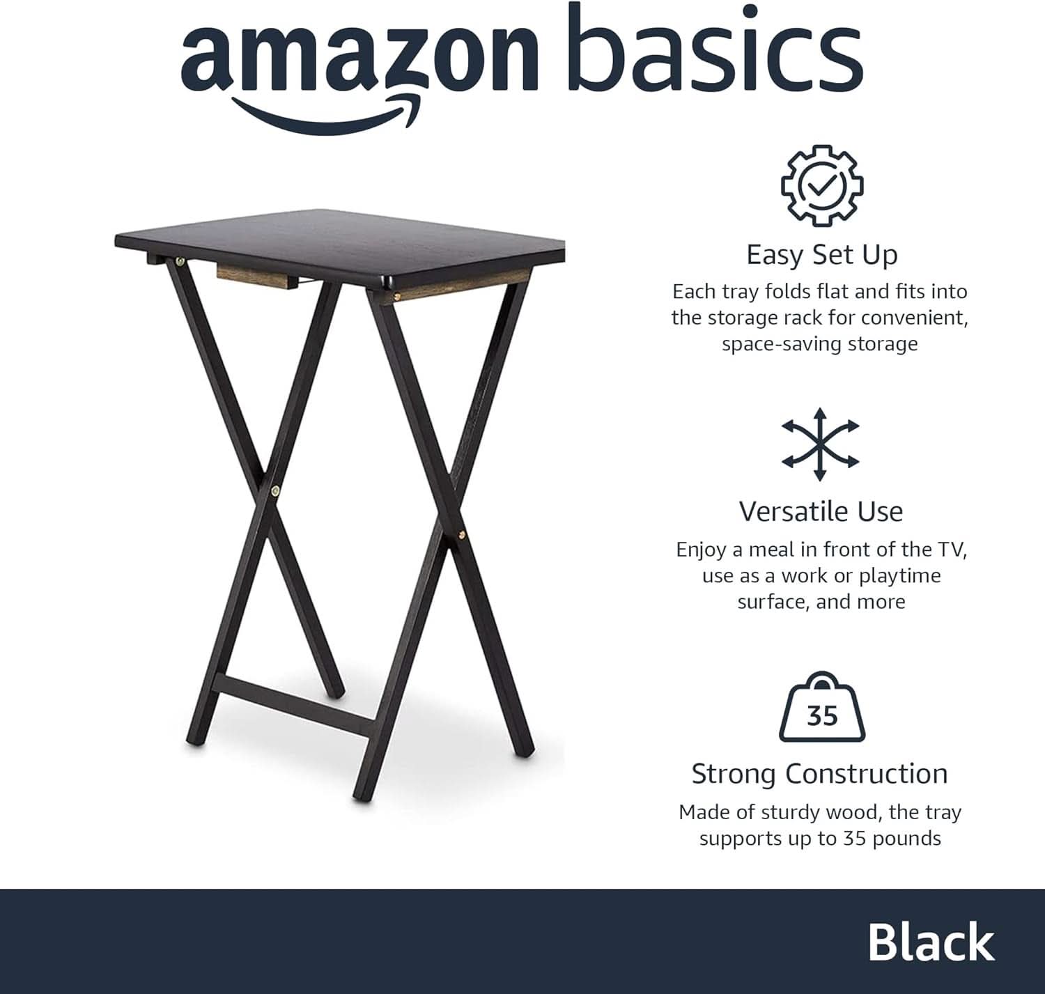 Foldable TV Dinner Tray Tables 4 Pack Black 15x19x26 - Essential Needs